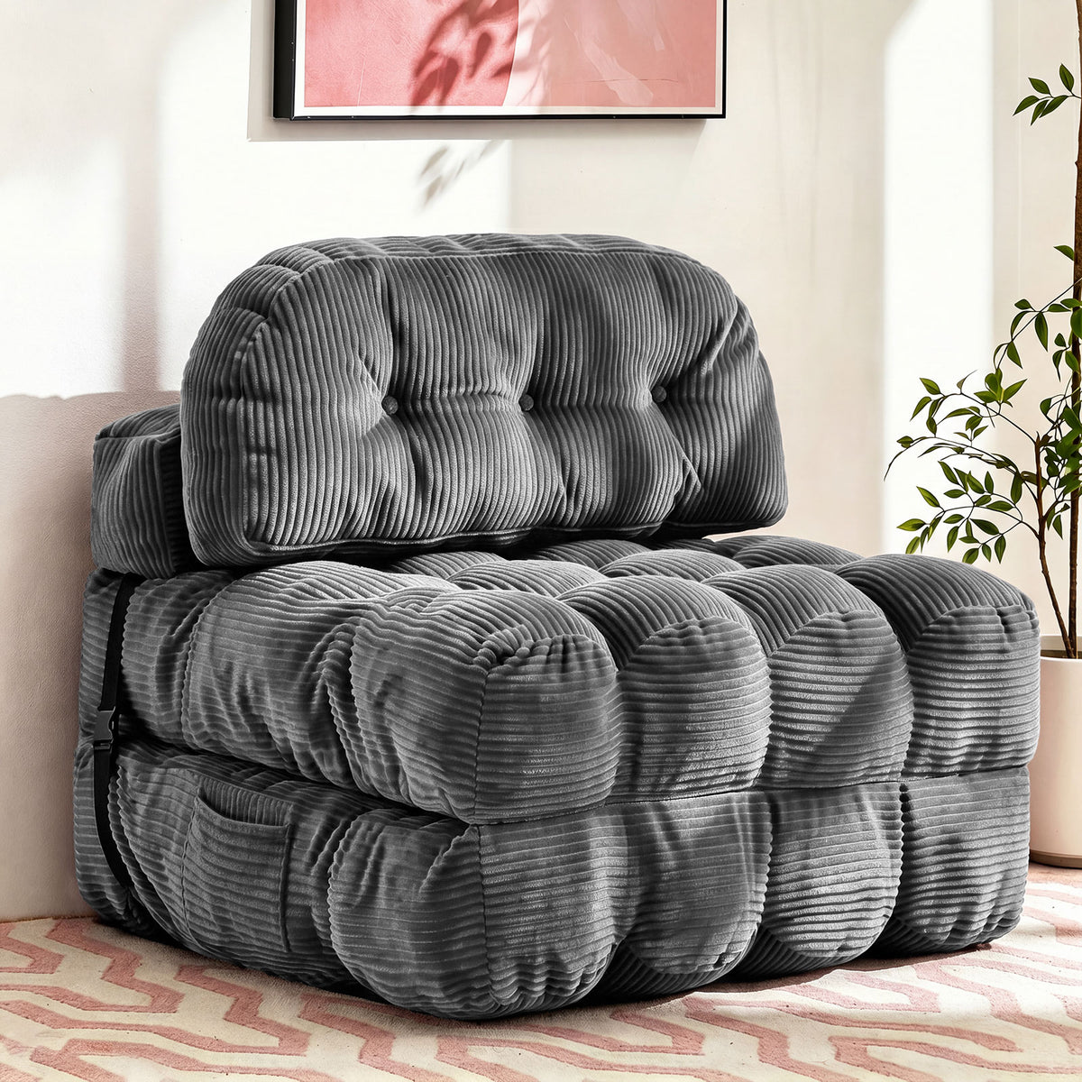 HYSpacerX Folding Sofa Bed Convertible Sleeper Chair, Portable Floor Futon with Pillow & Back Support, Foldable Mattress Lounge Couch for Living Room & Bedroom, Single Size, Gray