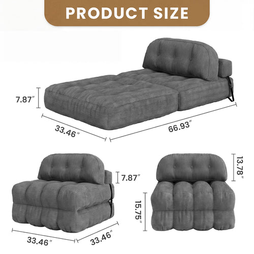 HYSpacerX Folding Sofa Bed Convertible Sleeper Chair, Portable Floor Futon with Pillow & Back Support, Foldable Mattress Lounge Couch for Living Room & Bedroom, Single Size, Gray