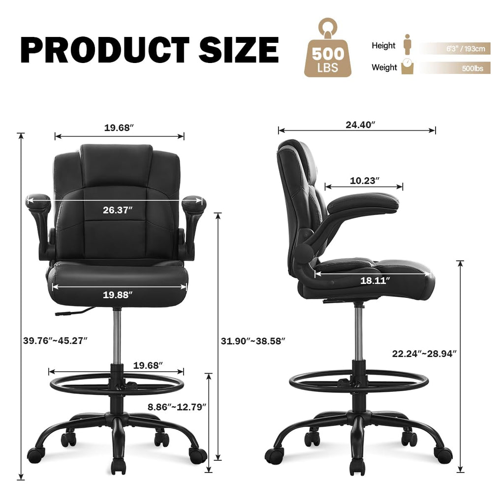 HYSpacerX 500 LBS Big & Tall Ergonomic High Back Leather Office Chair, Adjustable Height Flip-Up Armrest Executive Computer Chair for Standing & Counter Height Desk, Black