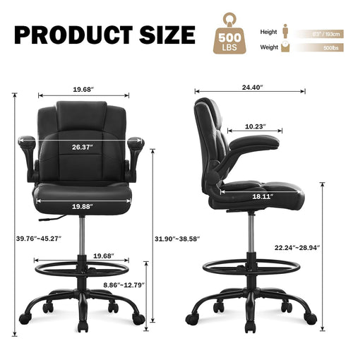 HYSpacerX 500 LBS Big & Tall Ergonomic High Back Leather Office Chair, Adjustable Height Flip-Up Armrest Executive Computer Chair for Standing & Counter Height Desk, Black