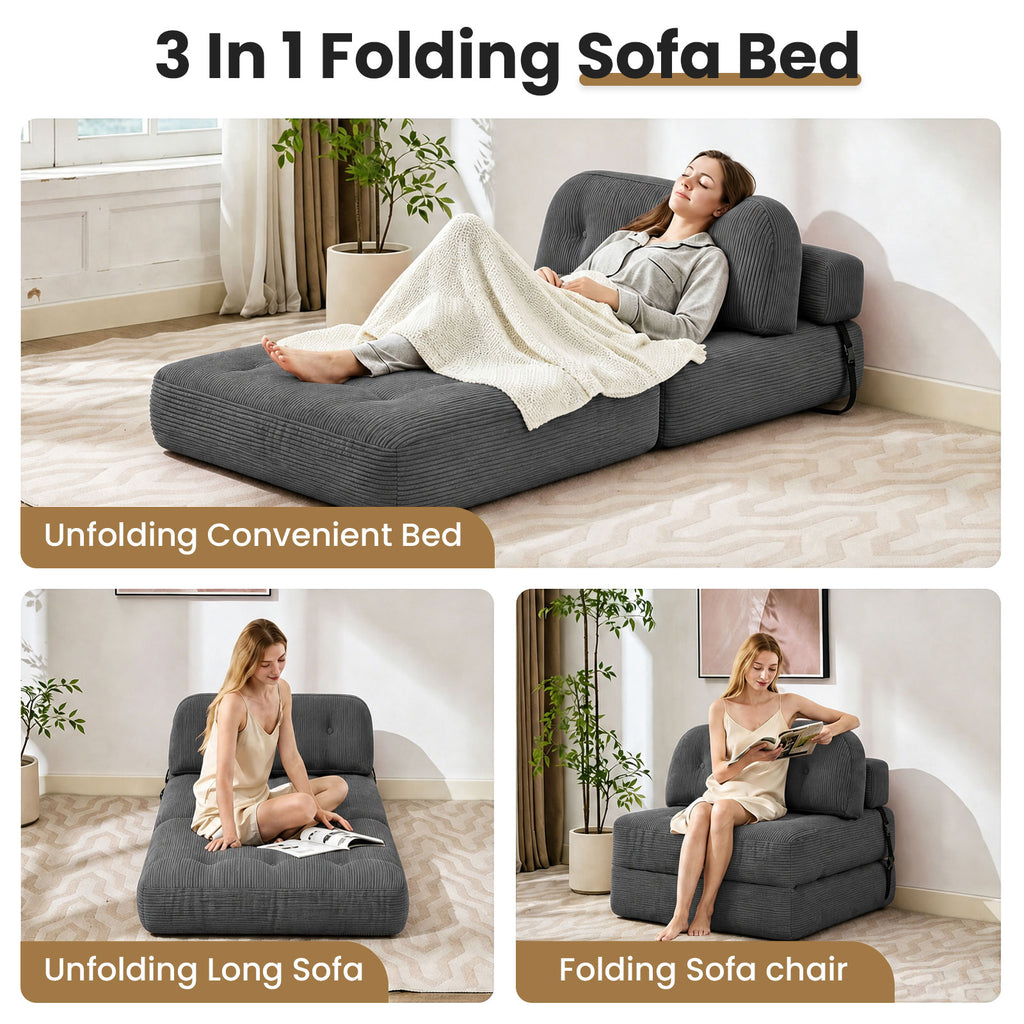 HYSpacerX Folding Sofa Bed Convertible Sleeper Chair, Portable Floor Futon with Pillow & Back Support, Foldable Mattress Lounge Couch for Living Room & Bedroom, Single Size, Gray