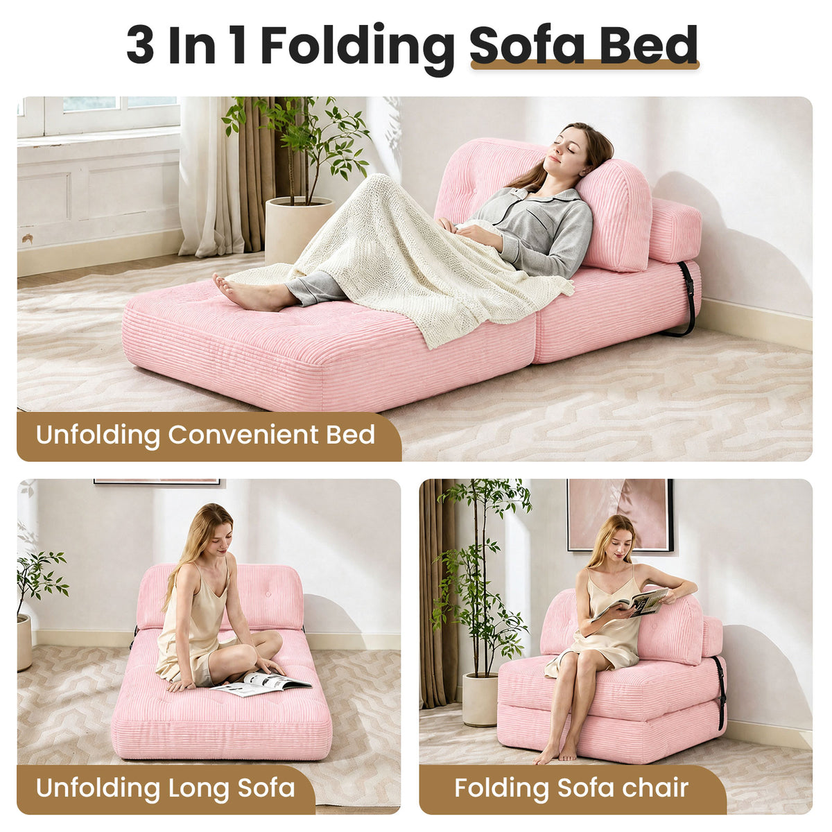 HYSpacerX Folding Sofa Bed Convertible Sleeper Chair, Portable Floor Futon with Pillow & Back Support, Foldable Mattress Lounge Couch for Living Room & Bedroom, Single Size, Gray
