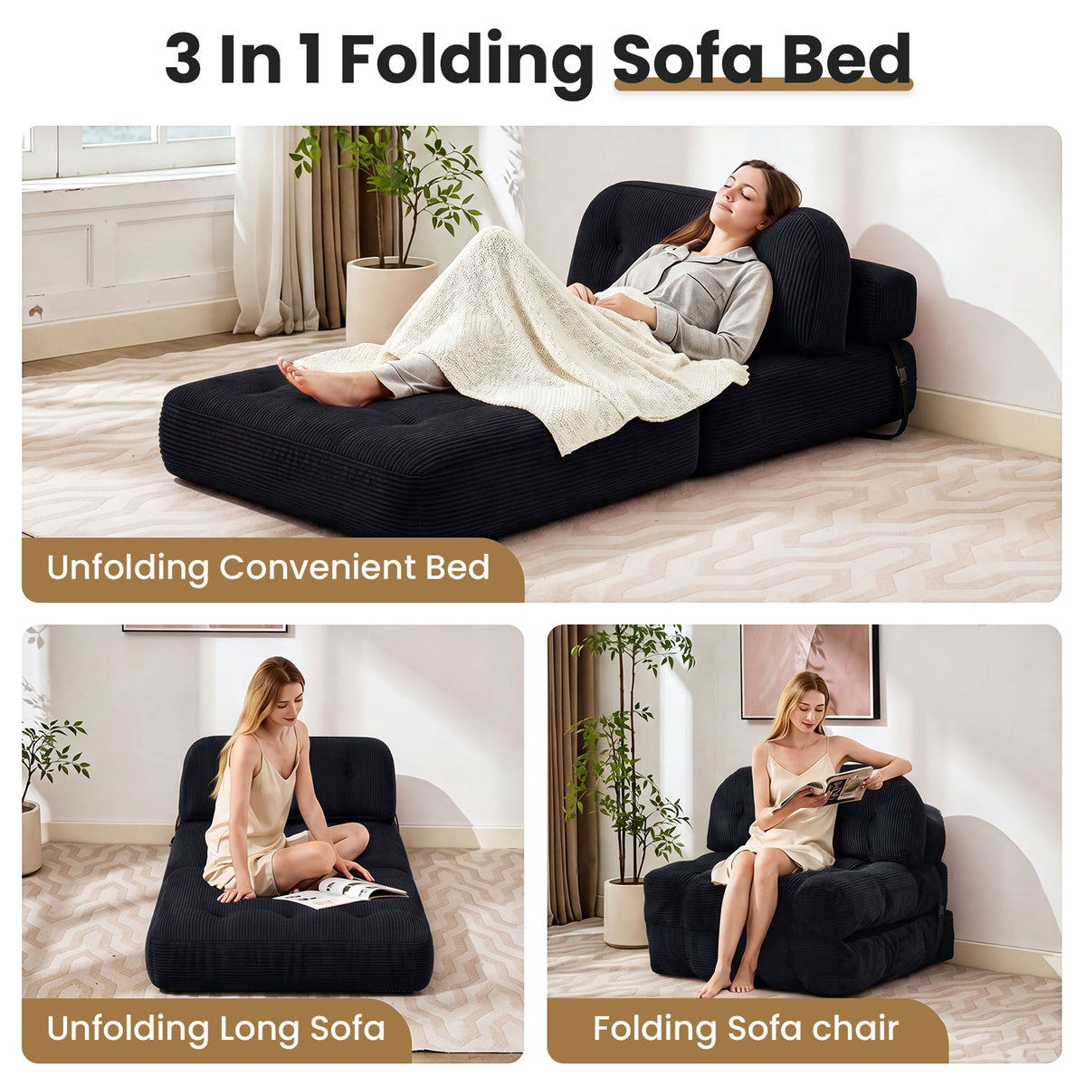 HYSpacerX Folding Sofa Bed Convertible Sleeper Chair, Portable Floor Futon with Pillow & Back Support, Foldable Mattress Lounge Couch for Living Room & Bedroom, Single Size, Gray