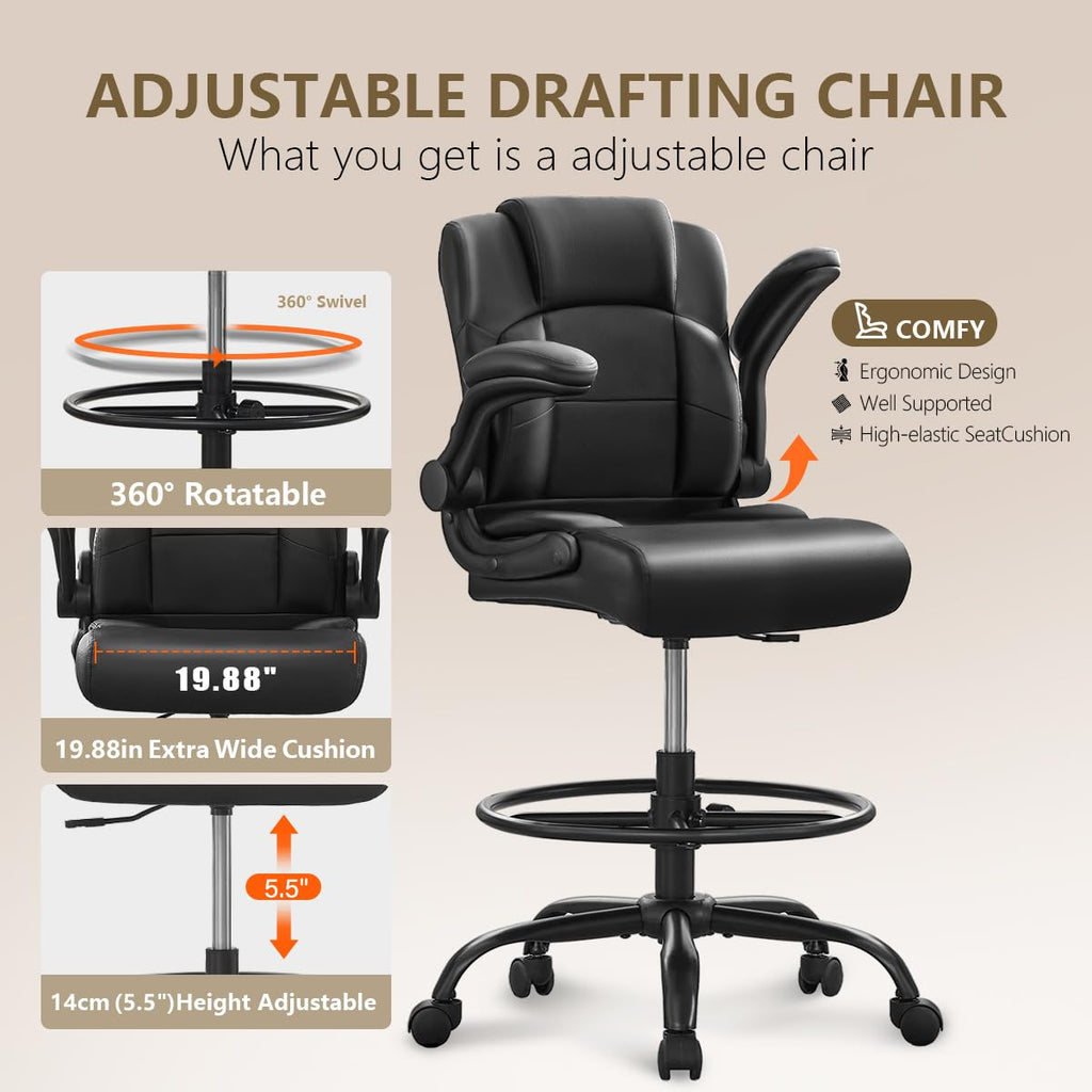 HYSpacerX 500 LBS Big & Tall Ergonomic High Back Leather Office Chair, Adjustable Height Flip-Up Armrest Executive Computer Chair for Standing & Counter Height Desk, Black