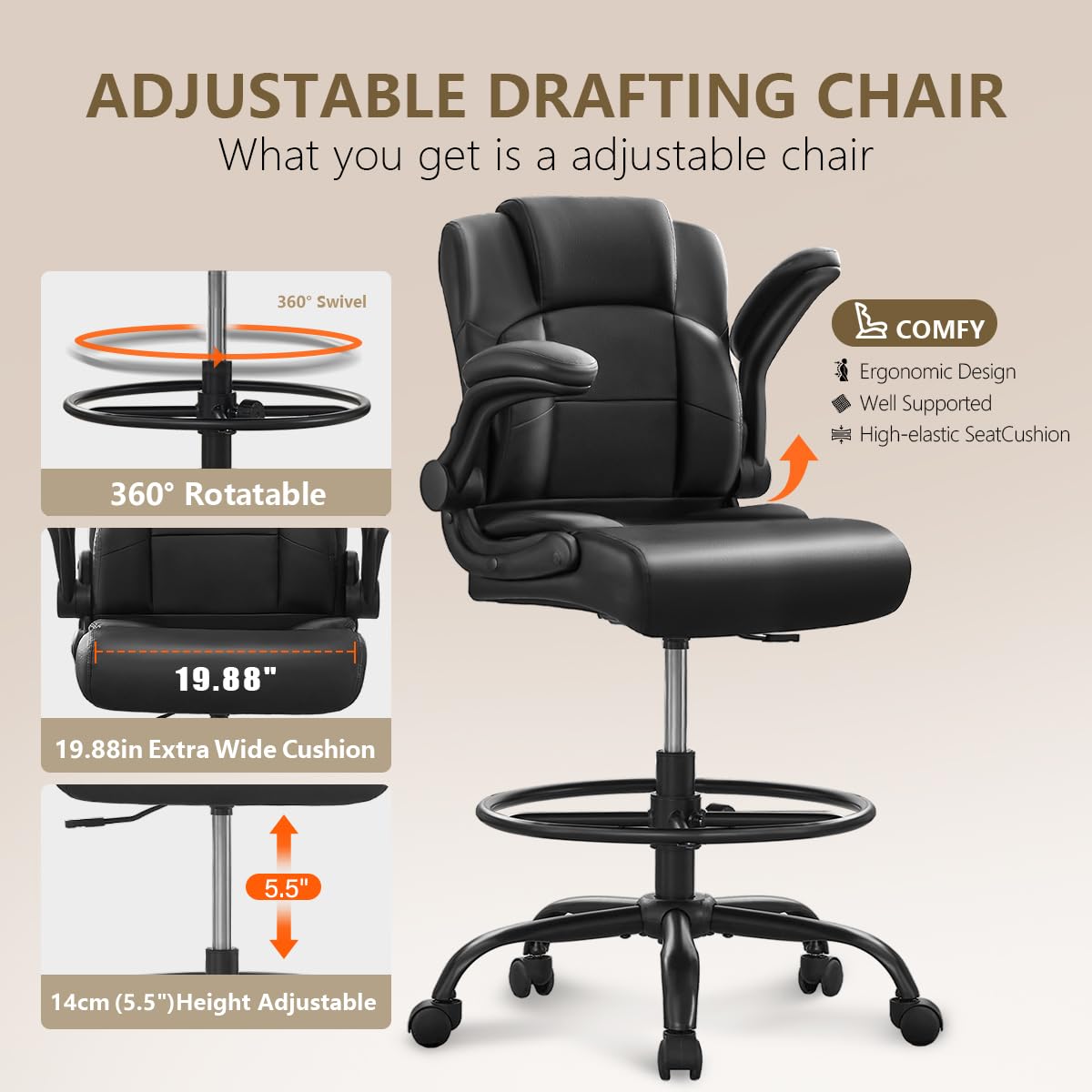 HYSpacerX 500 LBS Big & Tall Ergonomic High Back Leather Office Chair, Adjustable Height Flip-Up Armrest Executive Computer Chair for Standing & Counter Height Desk, Black