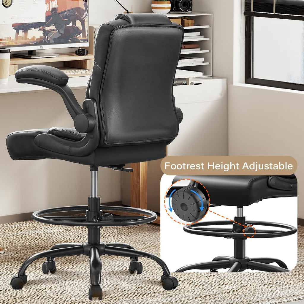 HYSpacerX 500 LBS Big & Tall Ergonomic High Back Leather Office Chair, Adjustable Height Flip-Up Armrest Executive Computer Chair for Standing & Counter Height Desk, Black