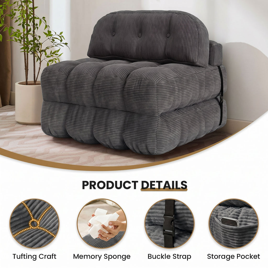 HYSpacerX Folding Sofa Bed Convertible Sleeper Chair, Portable Floor Futon with Pillow & Back Support, Foldable Mattress Lounge Couch for Living Room & Bedroom, Single Size, Gray