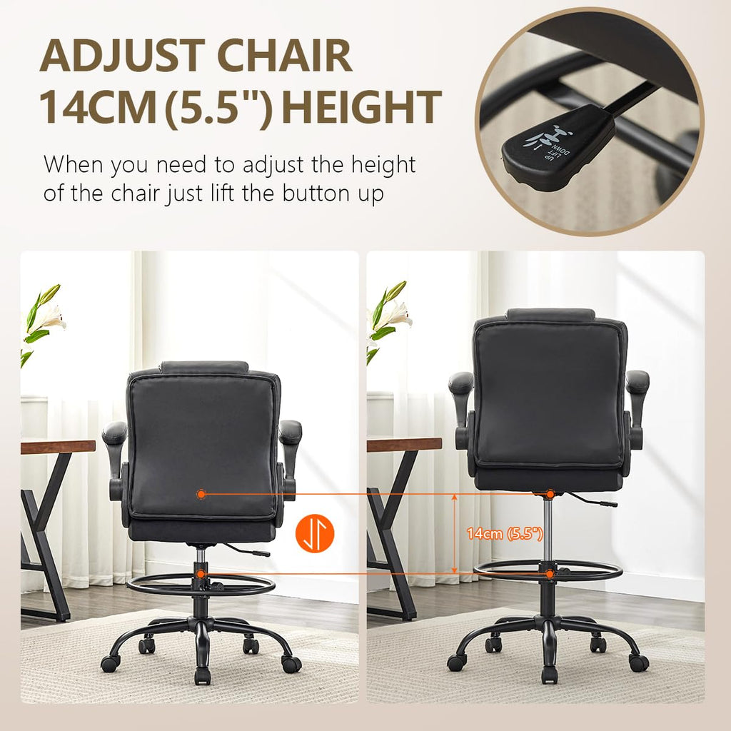 HYSpacerX 500 LBS Big & Tall Ergonomic High Back Leather Office Chair, Adjustable Height Flip-Up Armrest Executive Computer Chair for Standing & Counter Height Desk, Black