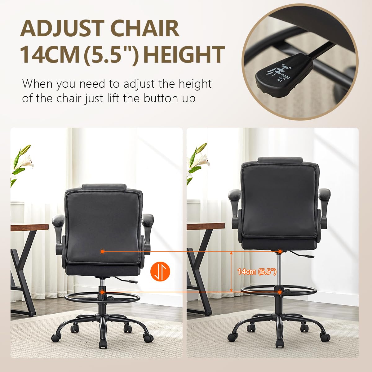 HYSpacerX 500 LBS Big & Tall Ergonomic High Back Leather Office Chair, Adjustable Height Flip-Up Armrest Executive Computer Chair for Standing & Counter Height Desk, Black
