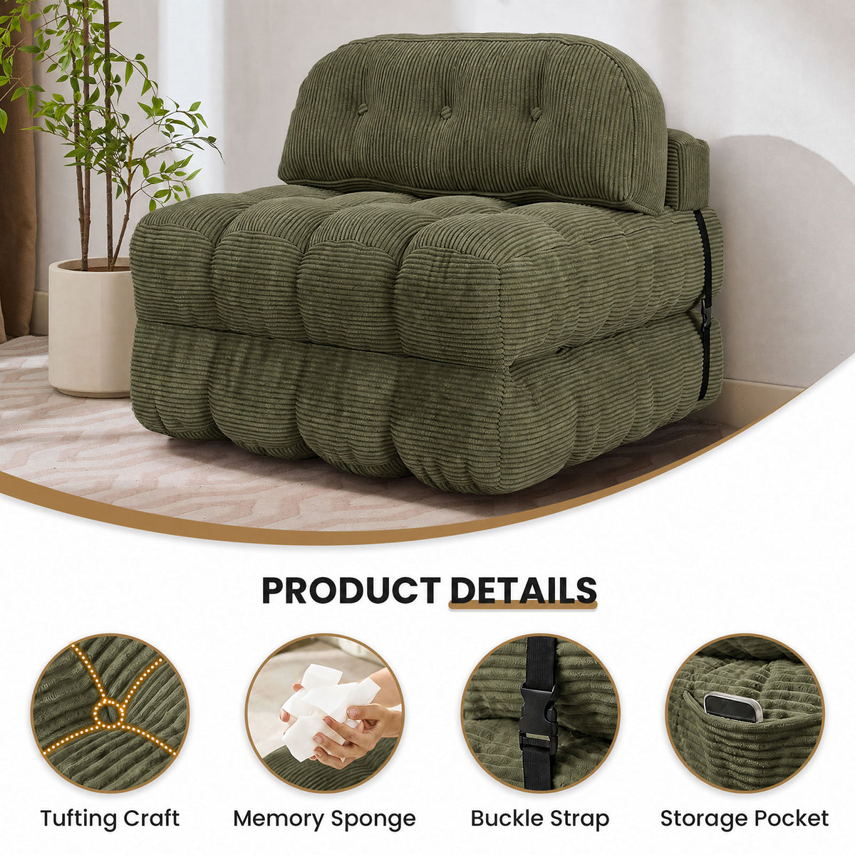 HYSpacerX Folding Sofa Bed Convertible Sleeper Chair, Portable Floor Futon with Pillow & Back Support, Foldable Mattress Lounge Couch for Living Room & Bedroom, Single Size, Gray