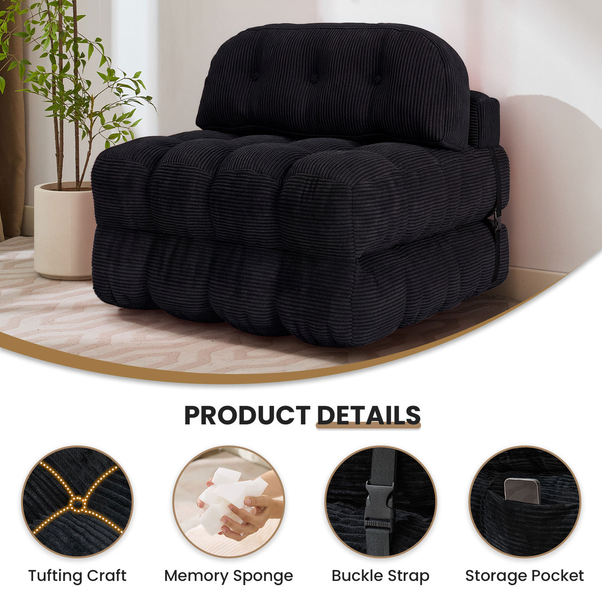 HYSpacerX Folding Sofa Bed Convertible Sleeper Chair, Portable Floor Futon with Pillow & Back Support, Foldable Mattress Lounge Couch for Living Room & Bedroom, Single Size, Gray