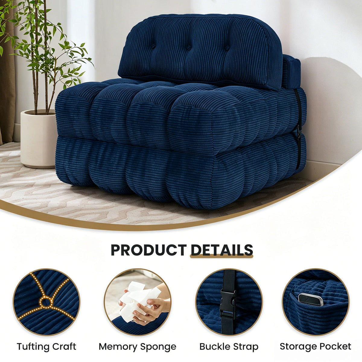 HYSpacerX Folding Sofa Bed Convertible Sleeper Chair, Portable Floor Futon with Pillow & Back Support, Foldable Mattress Lounge Couch for Living Room & Bedroom, Single Size, Gray