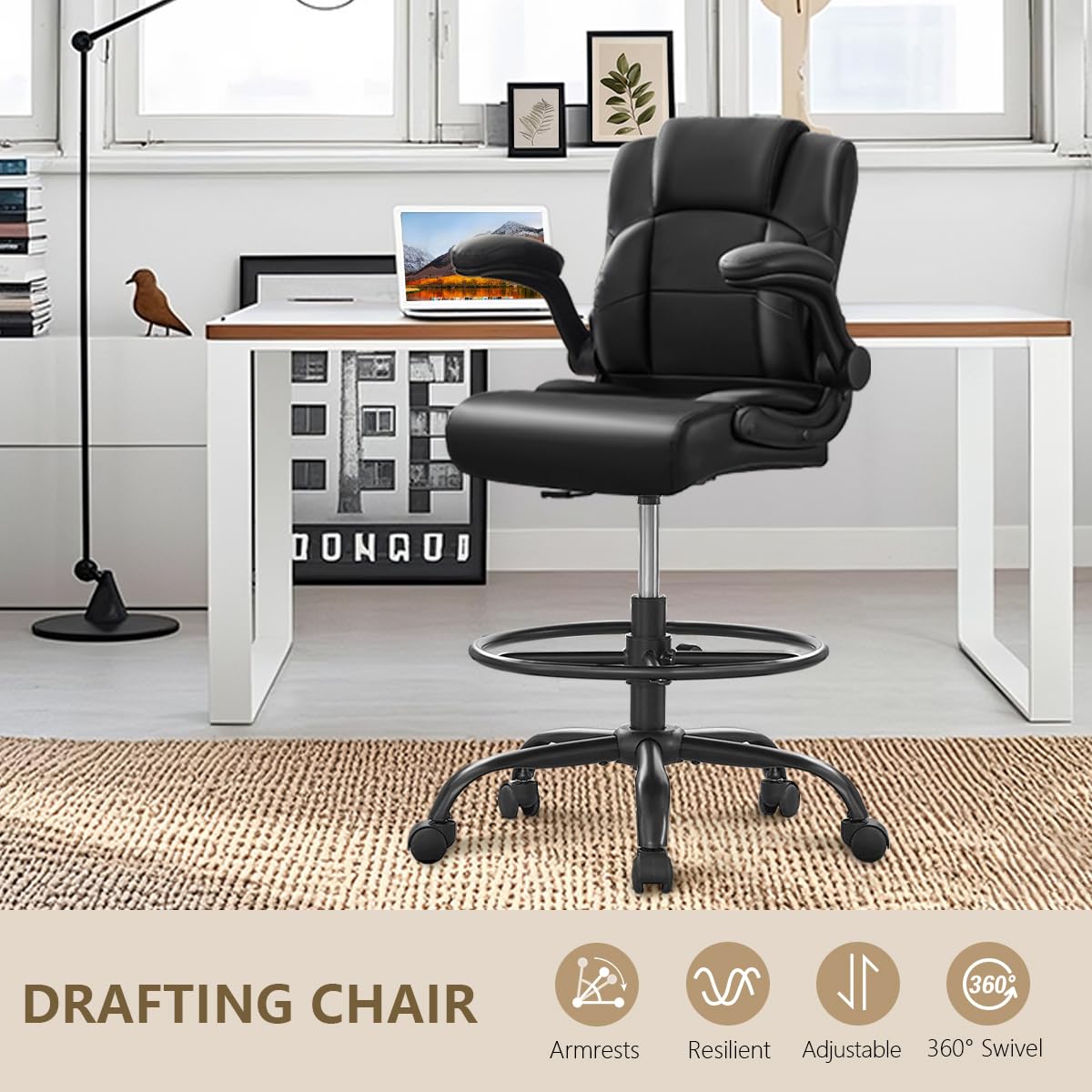 HYSpacerX 500 LBS Big & Tall Ergonomic High Back Leather Office Chair, Adjustable Height Flip-Up Armrest Executive Computer Chair for Standing & Counter Height Desk, Black