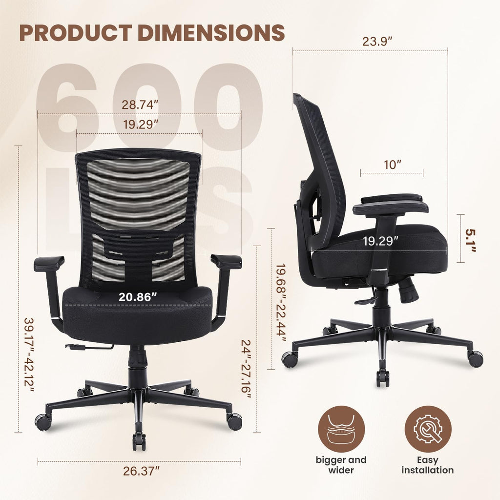 HYSpacerX 600lbs Office Chair, Big and Tall Ergonomic Desk Chair with Wide Seat, Breathable Mesh Back, Adjustable Lumbar Support, Executive Chair for Home Office
